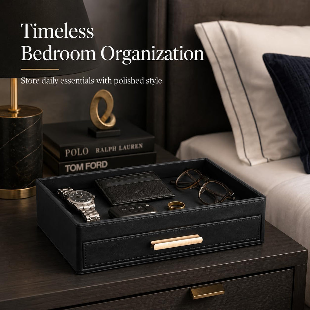 Leather Valet Tray for Men, Nightstand Organizer with Drawer, Black