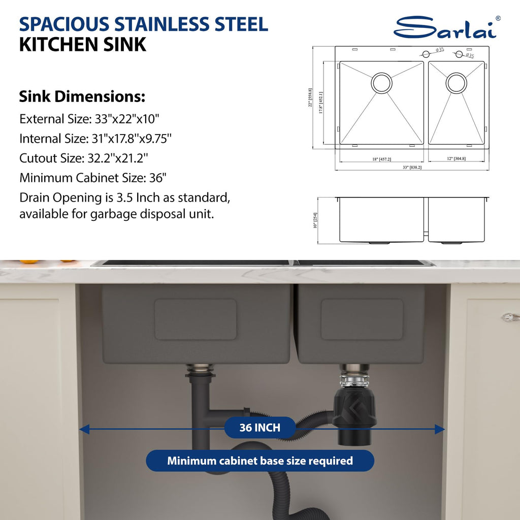 33 Inch Kitchen Sink Drop In Double Bowl- 33x22 Inch Drop Kitchen Sink Stainless Steel 16 Gauge Topmount Double Basin