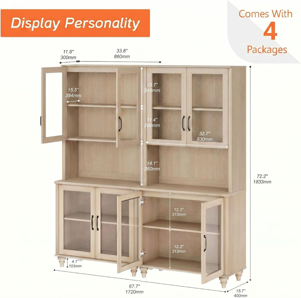 Set of 2 Light Oak Bookcase with Glass Doors, Large Farmhouse Display Book Shelf with Bar Cabinets, 72'' Tall Book