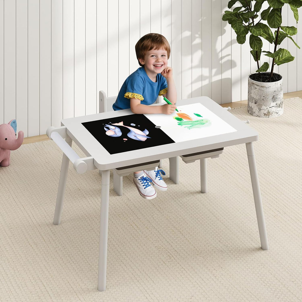 Sensory Table and Chair Set, Wooden Sand & Water Activity Set w/Paper Roll, Blackboard & Whiteboard, Building Block