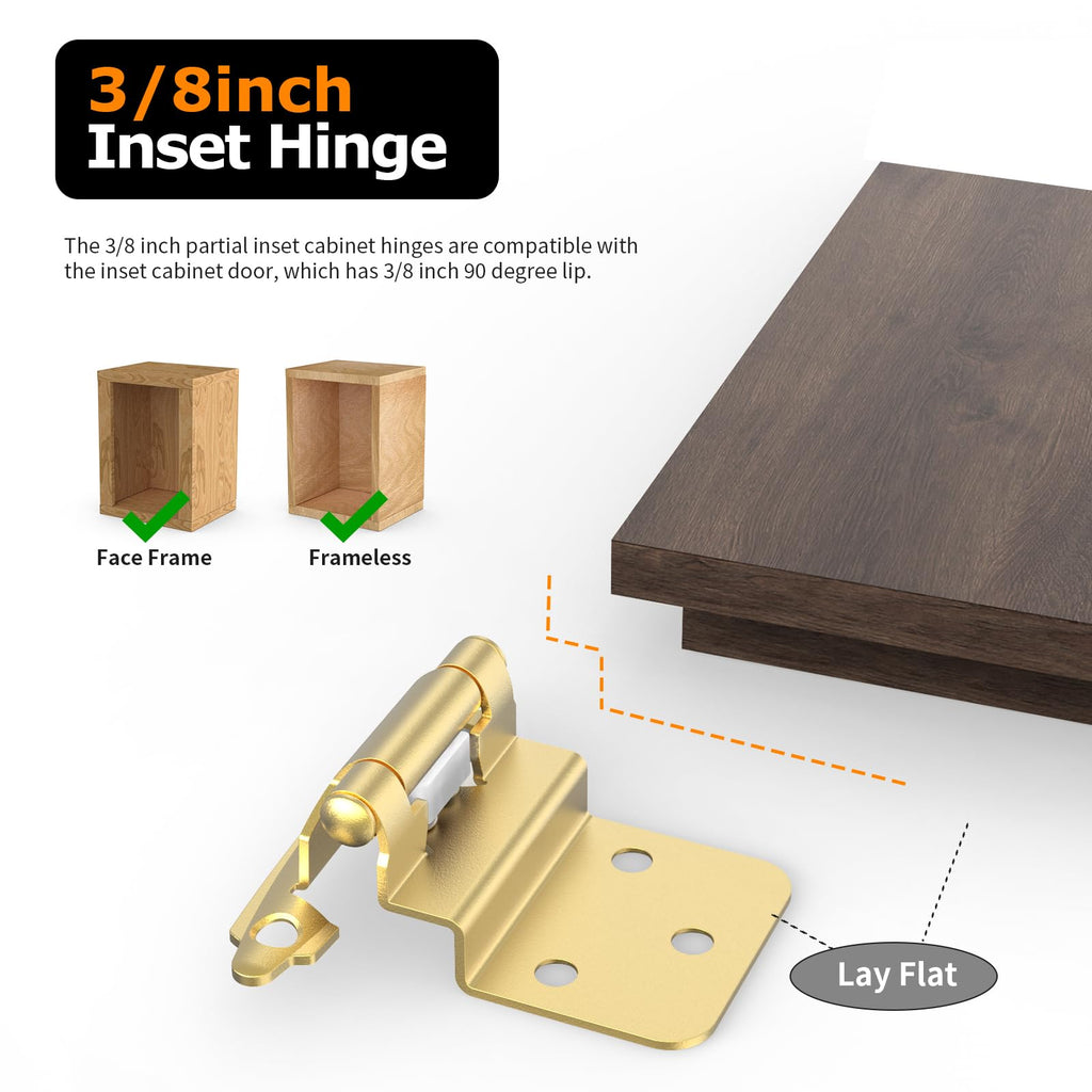 3/8 Inch Inset Cabinet Hinges, 25 Pairs(50 Pack) Self Closing Flush Face Mount Hinges with Door Bumper, Variable