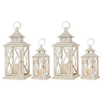 Lanterns Decorative Outdoor&Indoor, Set of 4 (14"&10") Beige Metal Lantern Decor with Glass, Candle Holder for Porch