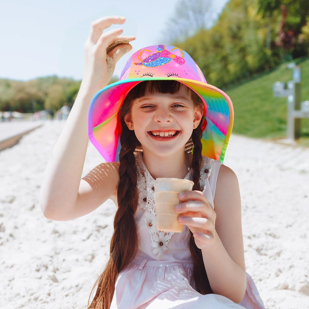 Girls Sun Hat for Kids UV Protection Unicorn Summer Hat Beach Play Hats Wide Brim Neck Flap for Girls Ponytail Hat