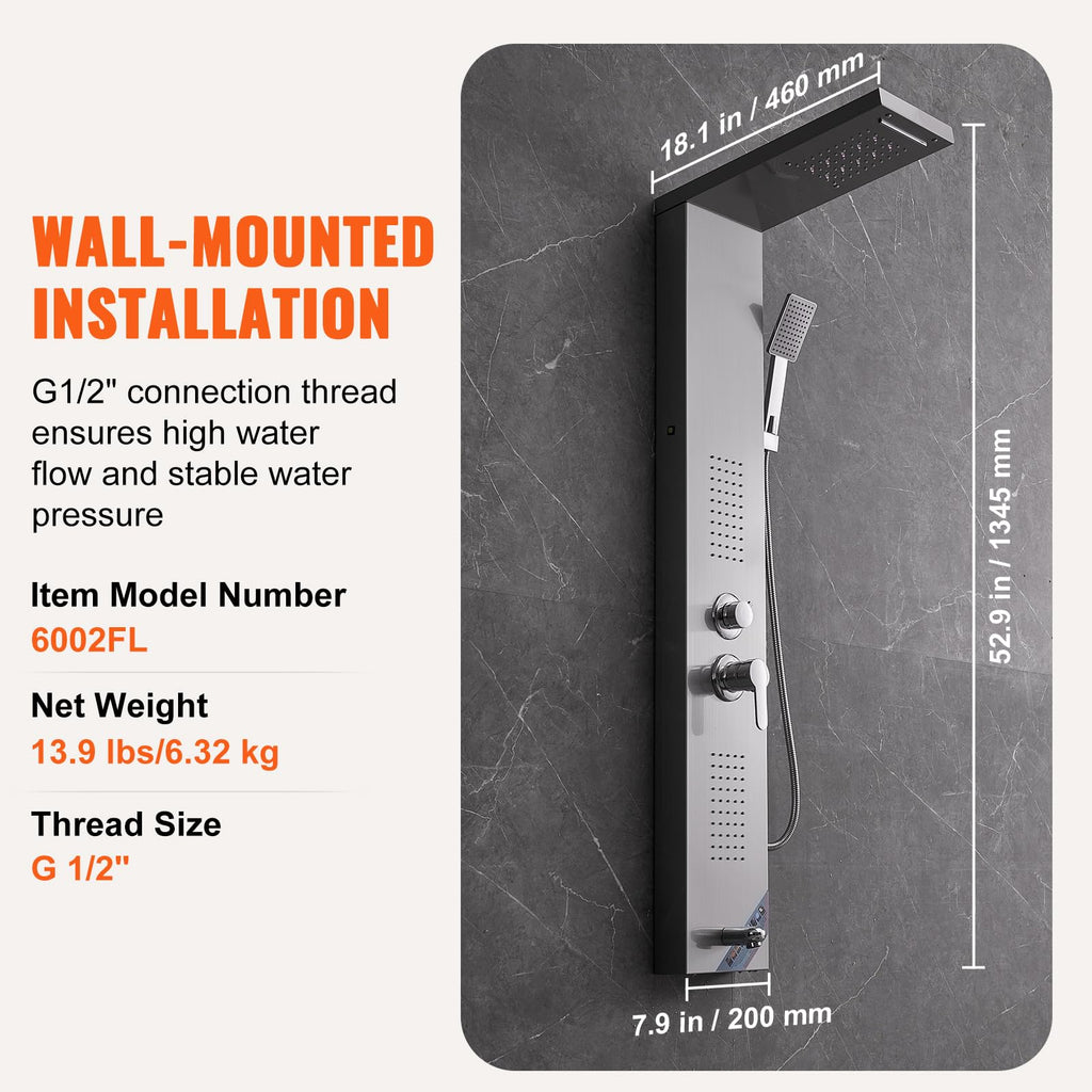Shower Panel System, 5 Shower Modes, LED Shower Panel Tower, Rainfall, Waterfall, 2 Body Massage Jets, Tub Spout