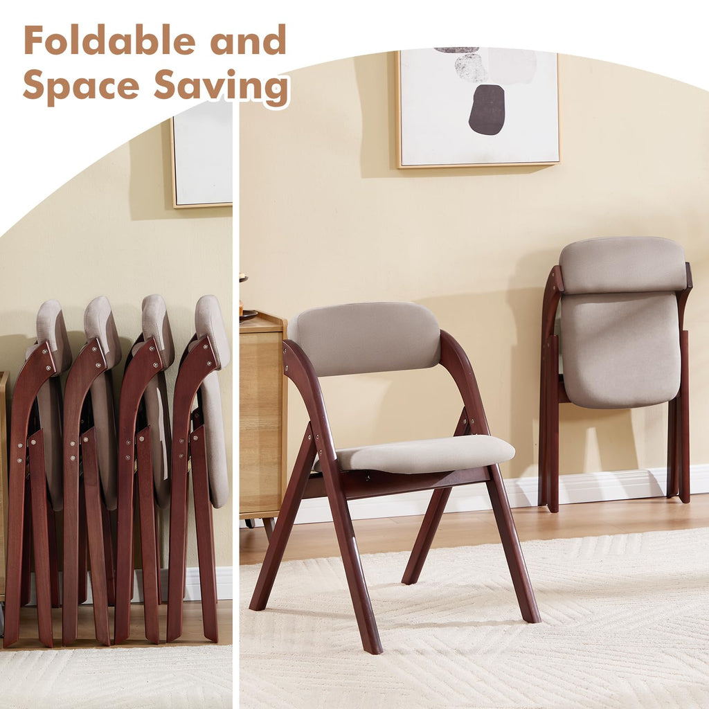 Folding Chairs with Cushion Set of 2, Linen Padded Foldable Dining Chairs, Walnut Wood Folding Dining Chairs
