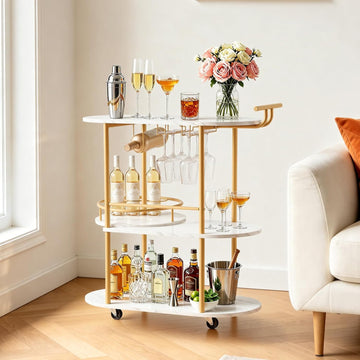 Bar Cart, 3 Tiers Home Kitchen Serving Carts, Modern Round Rolling Utility Station on Wheels, Mobile Drink Beverage