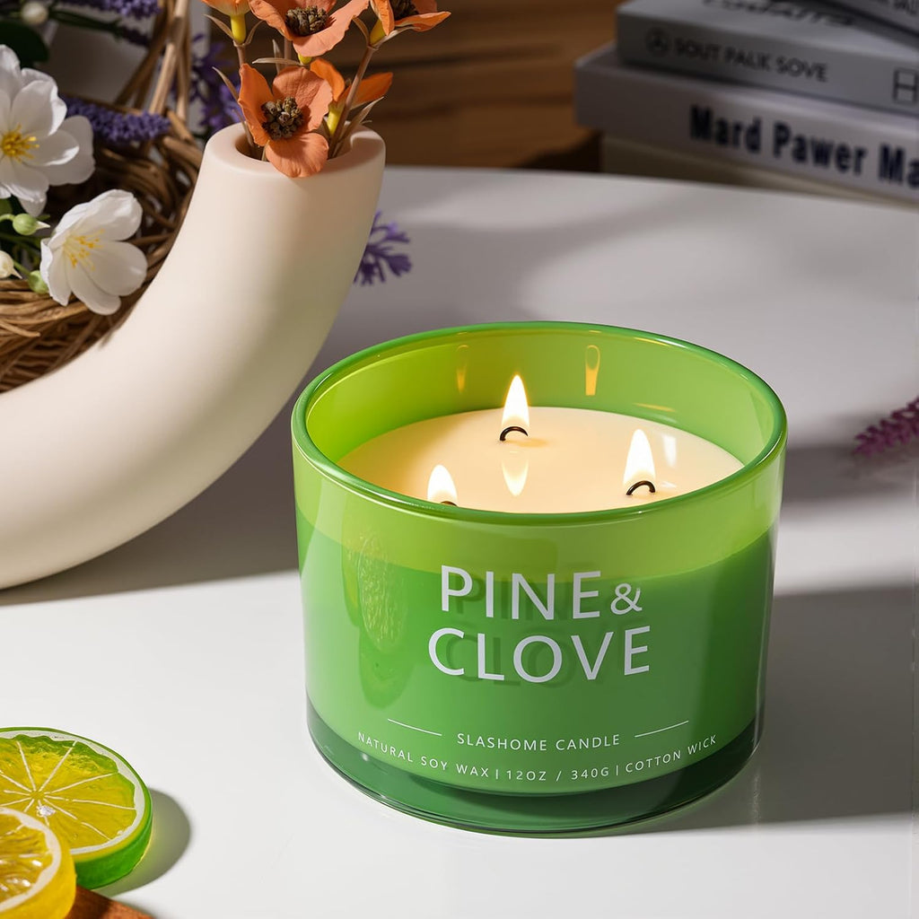 Pine & Clove Scented Candle, Luxury Large 3 Wick Soy Candle 12 Oz, 60+ Hour Long Lasting Clean Burn, Elegant