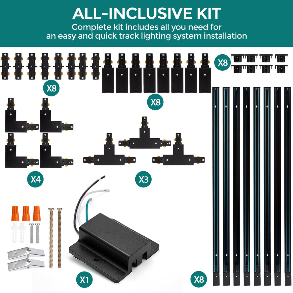 H Track Lighting Rails Kit - 26ft Black Track Light Track 3 Wire with Floating Canopy Connector, I and L Connectors
