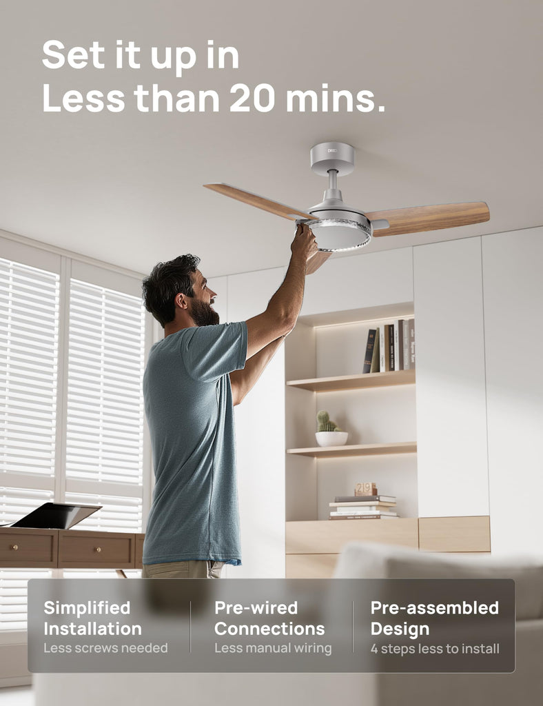 Ceiling Fan with Lights, Quiet DC Motor, 20db, Quick-Install, Powerful Airflow, 6 Speeds with Remote, Reversible