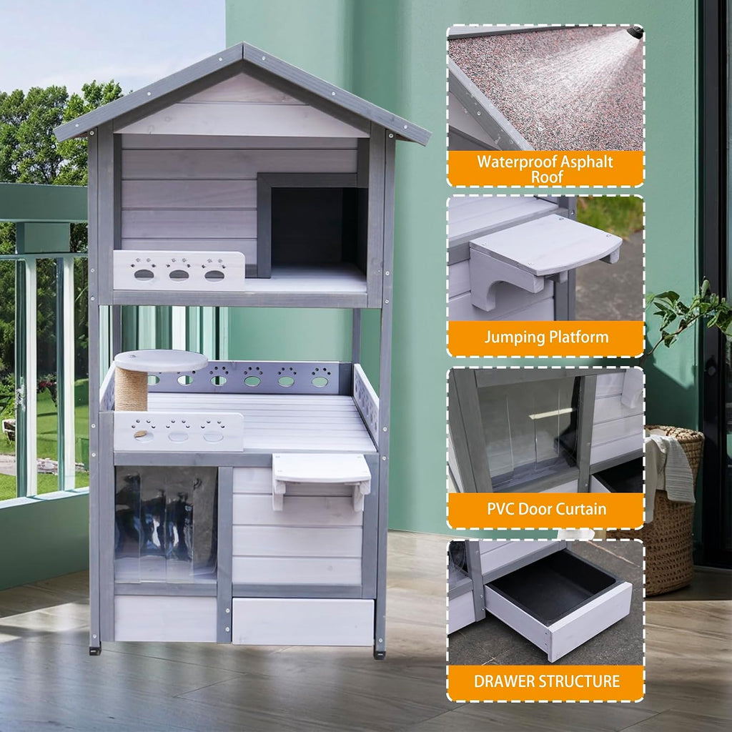 3-Story Wooden Cat House, Indoor/Outdoor Cat Condo with Waterproof Asphalt Roof, PVC Door Curtain, Jumping Platform &