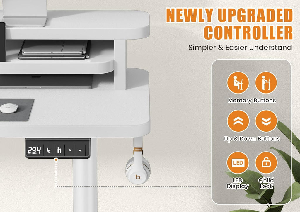 Electric Standing Desk with Dual Monitor Stand, Height Adjustable Desk Sit Stand Desk with Memory Controller, Casters