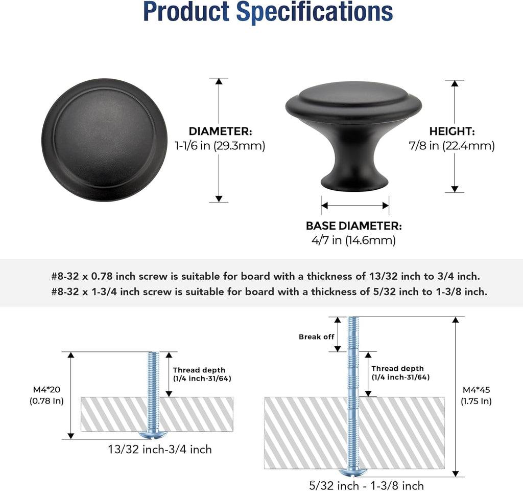 18 Pack Matte Black Cabinet Drawer Hardware 30mm Kitchen Cabinet Knobs Drawer Pulls with Installation Screws for