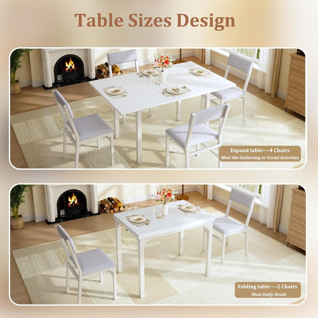 5-Piece Dining Table Set for 4, Extendable Kitchen Table Set with 4 Upholstered Cushion Chairs, Rectangle Table with