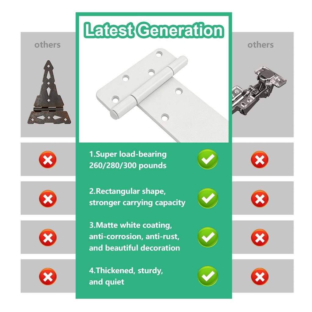 5 inch Gate Hinges, 260 Lbs Capacity, Matte White Hinges, 6 Pack Heavy Duty Door Hinge, T-Strap Shed Gate