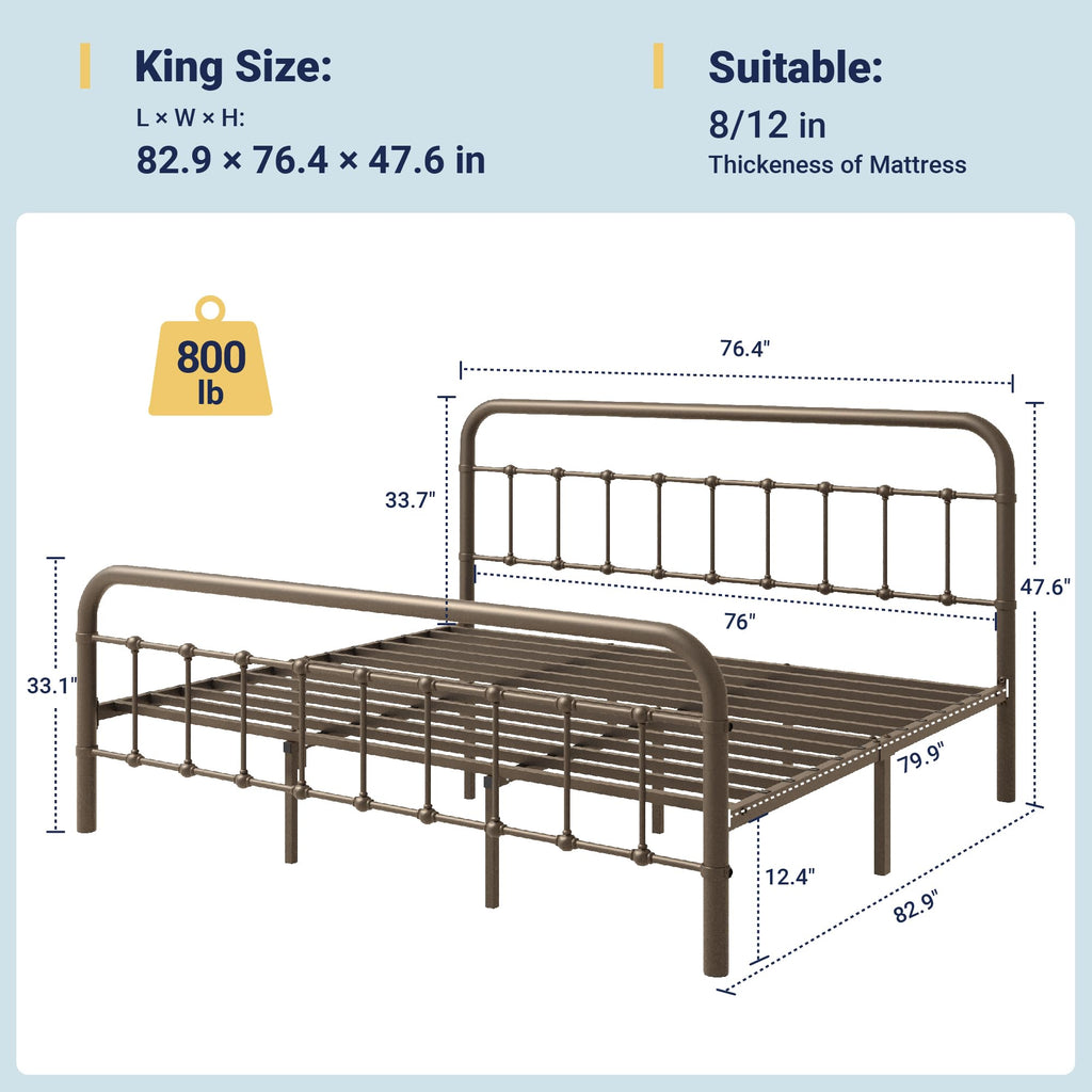 King Metal Bed Frame with Iron-Art Headboard, Antique Bronze