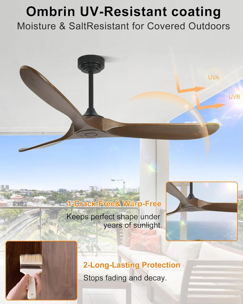 52 Inch Outdoor Ceiling Fans without Lights, Smart Wood Ceiling Fan no Light with Remote Control & Alexa/Google