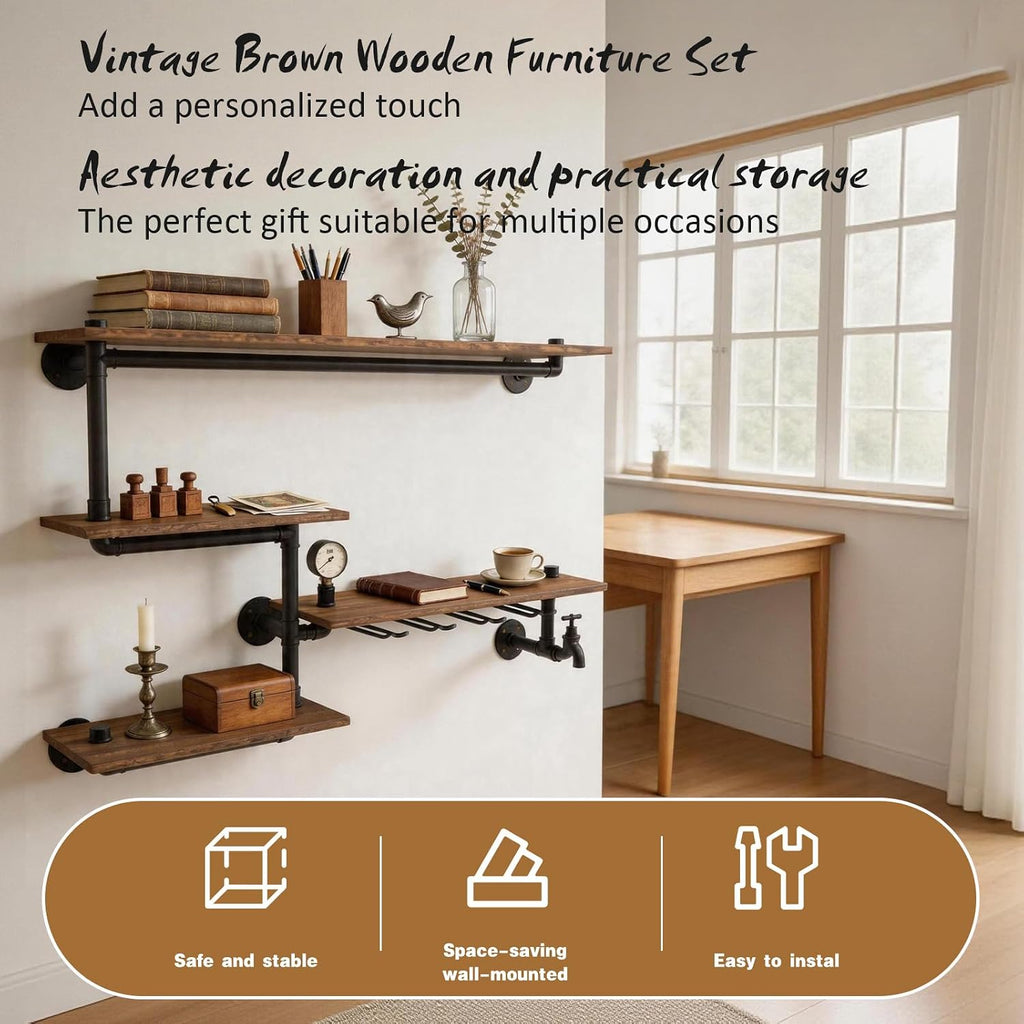 Industrial Pipe Shelving Wine Rack Wall Mounted,Bar Shelves Hanging Wine Rack with 4 Stem Glass Holder,Liquor Bottle
