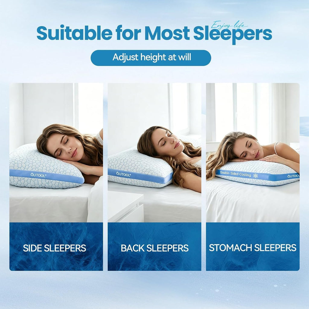 Double Sided Cooling Pillow for Hot Sleepers, Shredded Memory Foam Pillows Standard Size Set of 2, Adjustable Soft &