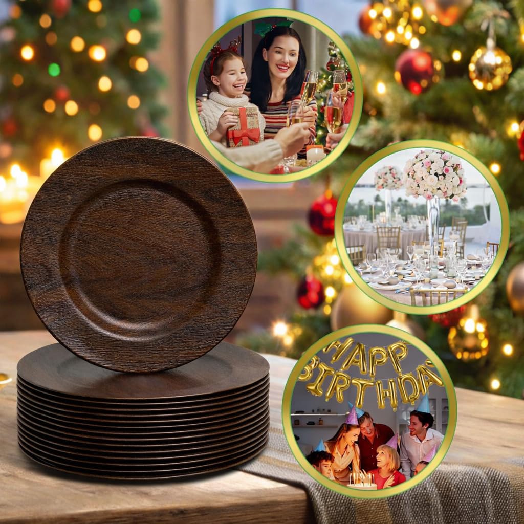 20PCS 13in Charger Plates Bulk- Faux Wood Chargers for Dinner Plates- Brown Round Plastic Plate Chargers- Farmhouse