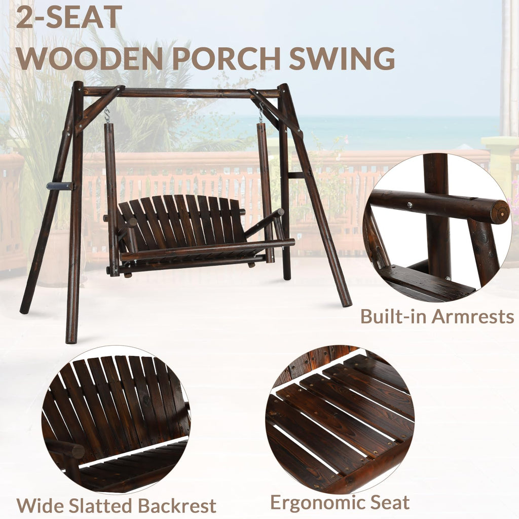 2-Seat Porch Swing, Wooden Log Patio Swings Chair Bench with Stand, Rustic Hardwood Swing Chair with Curved Back