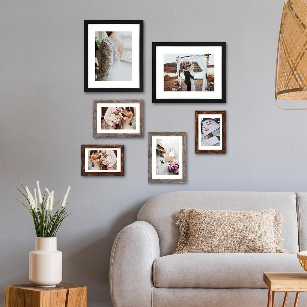Picture Frames Set, 15 Pack Wall Frame Set in 3 Different Finishes with Mat for Multiple Sizes Photos, Three 8x10
