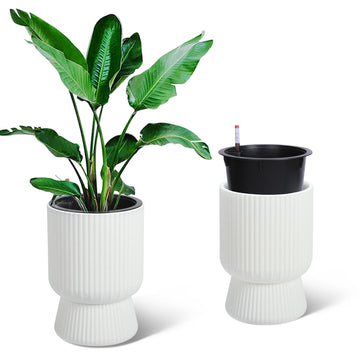 14.2 in Planters Set of 2, Outdoor&Indoor Black Planter Pots, Planter Pots with Inner Bucket and Water Level Monitor