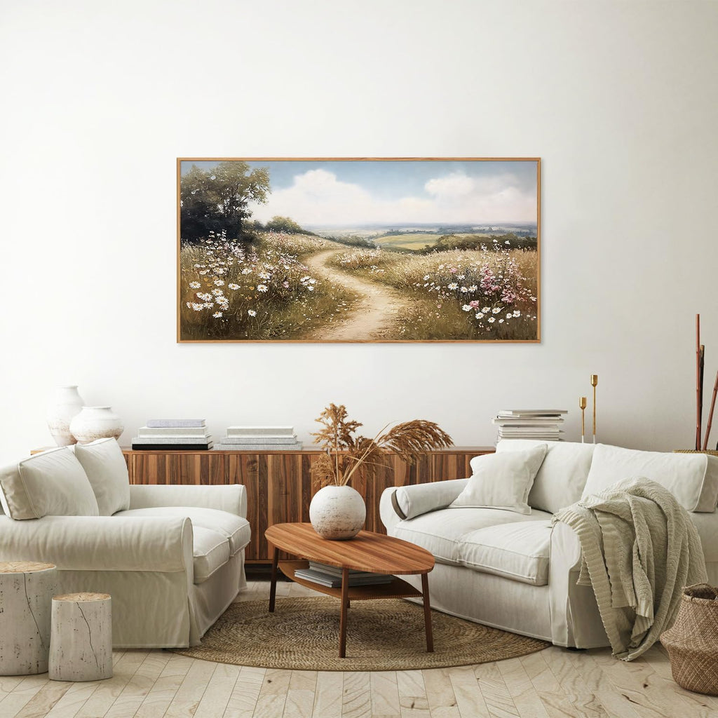 Rustic French Country Framed Canvas Wall Art, Vintage Flower Field Wall Decor, Calming Nature Landscape Art