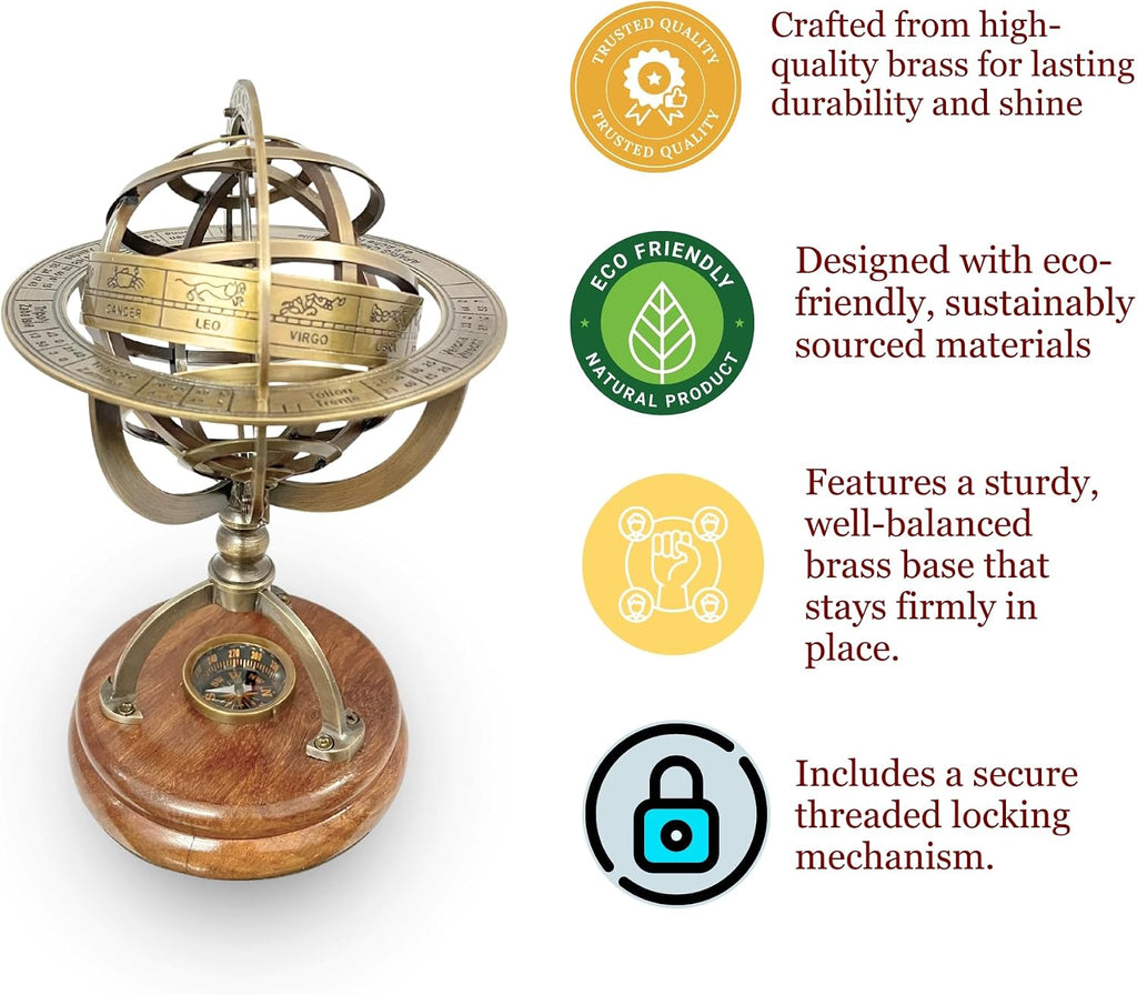 Armillary Sphere Globe with Celestial Engravings, Compass at Center for Authentic Navigation, and a Sturdy Elegant