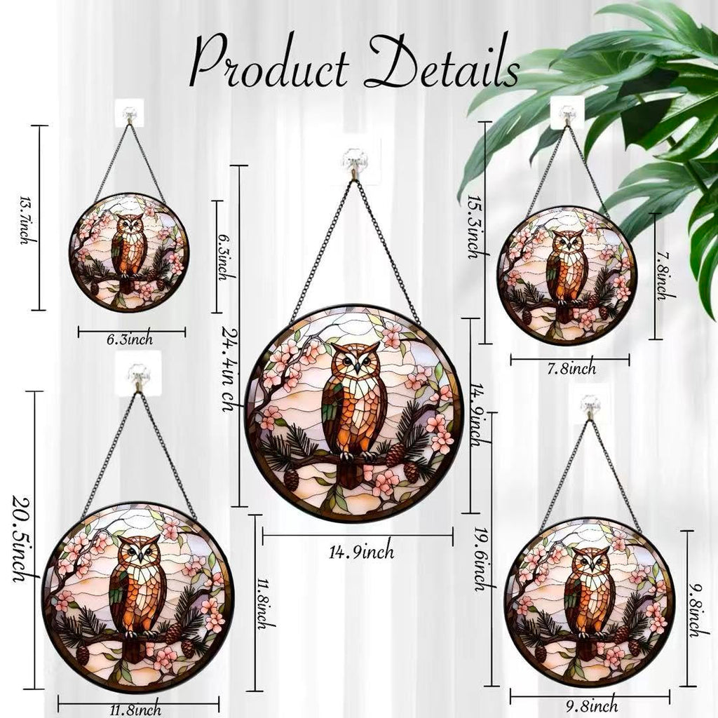 Stained Glass Window Hanging - The Owl is on The Branch of The Pine Tree 6.3 Inches Suncatcher for Garden Home Decor