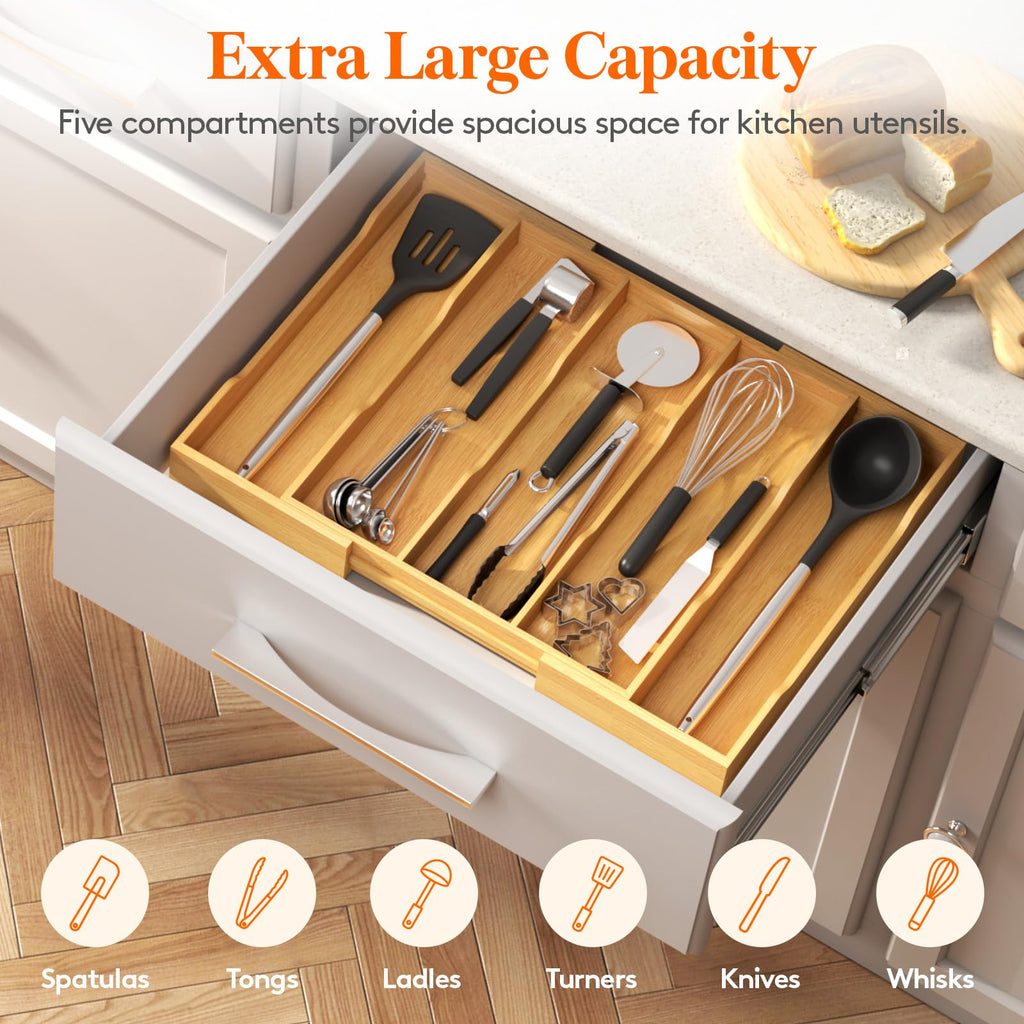 Bamboo Utensil Organizer Drawer, Cooking Utensil Tray