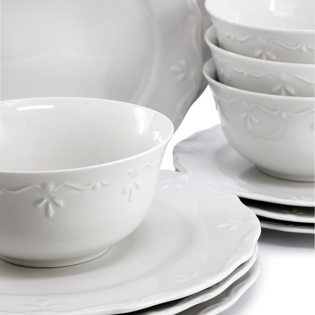 Henryi 16 Piece Embossed Rim Detail Porcelain White Dinnerware Set, Tableware Set, Serveware (16 Piece)