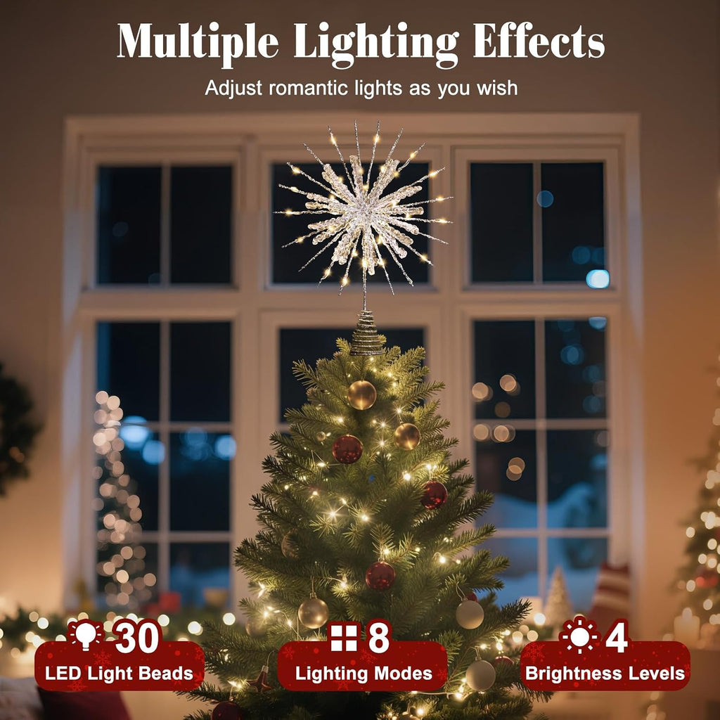 12" Crystal Lighted Christmas Snowflake Tree Topper, Silver