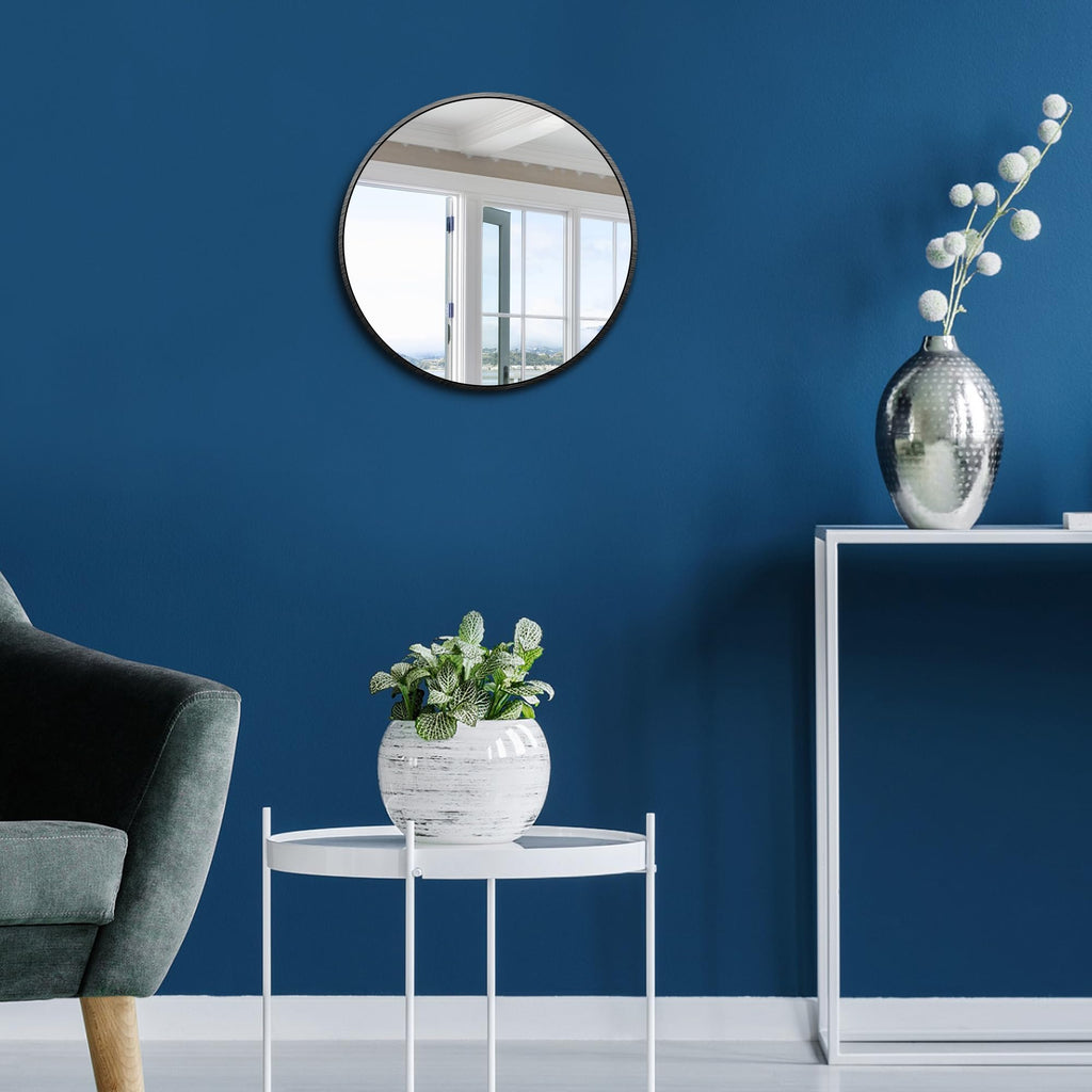 Round Metal Wall Mirror, 12 Inch, Black Frame Bathroom Mirror