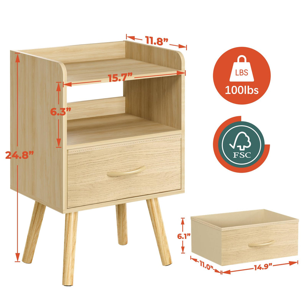 Modern Nightstand with Fabric Drawer, Bedside Tables, Mid Century Nightstand with Open Storage Shelf, Wood Bedside