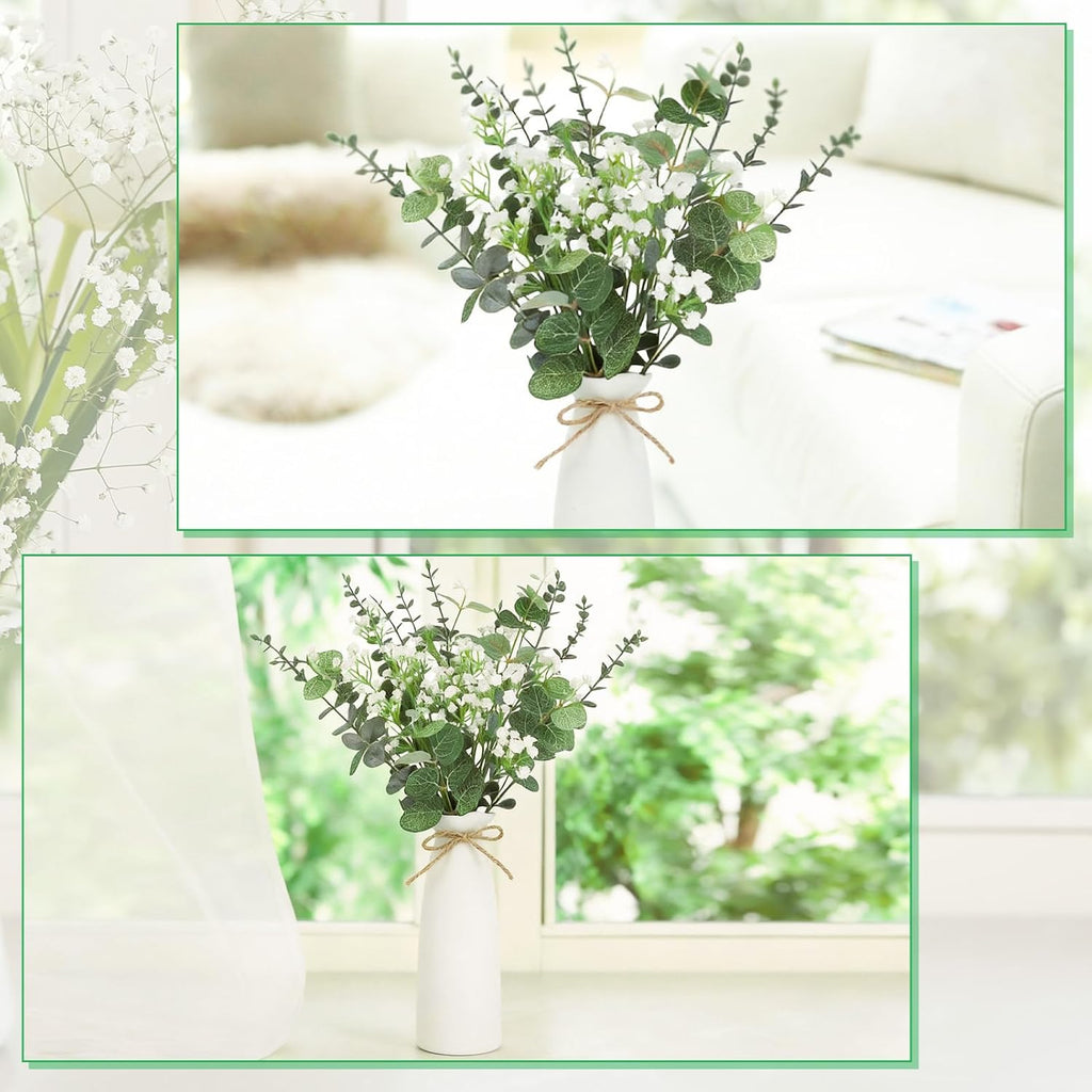 Artificial Flowers in Vase Set, Eucalyptus Stems and Baby's Breath Bundle - Set of 22