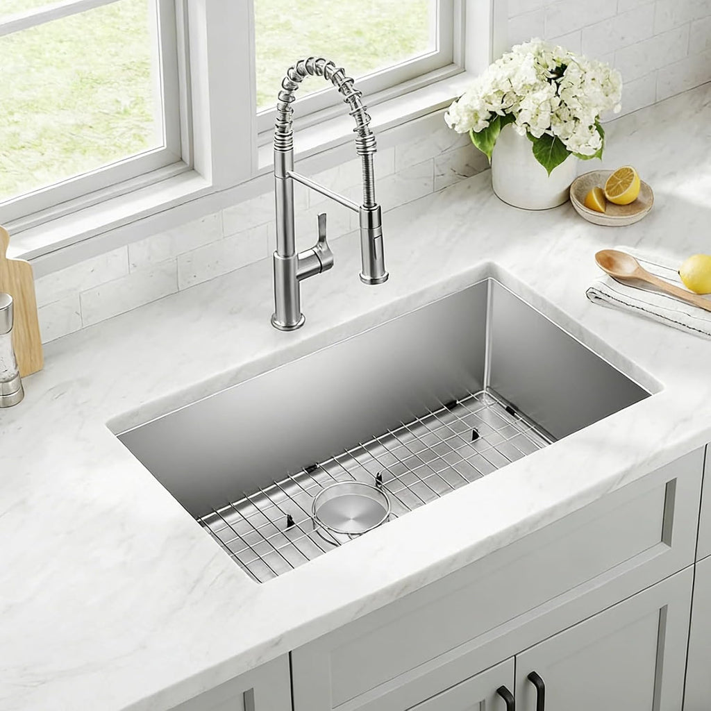32 Inch Undermount Kitchen Sink with Quiet Drain, Bottom Grid - 11 Gauge Stainless Steel Single Bowl