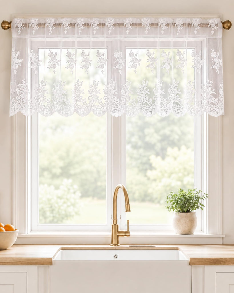White Lace Sheer Valance for Windows, 52x18, Blossom Border