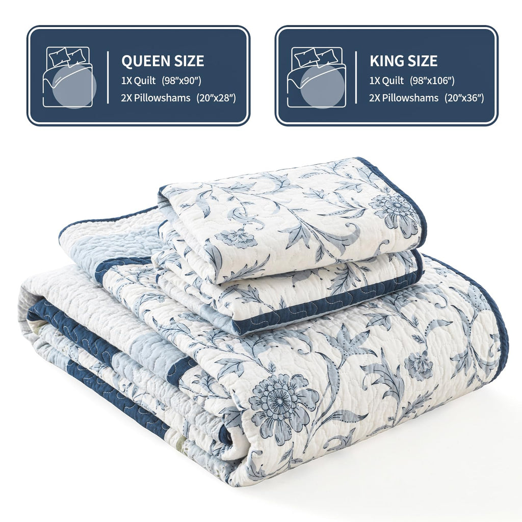 100% Cotton Quilt Set, Cottage Botanical Floral, Navy/White