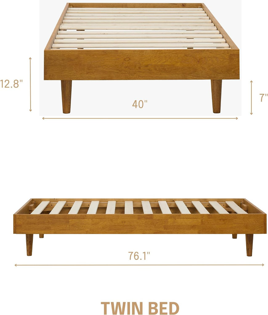 Fly Wooden Bed Frame Without Headboard, Solid Wood Foundation with Silent Slats and Wood Central Supports, 350 Lb