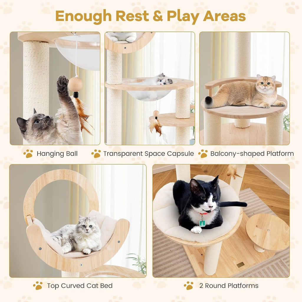 57 Inches Tall Wooden Cat Tree, Multi-Level Cat Tower with Scratching Posts, Space Capsule Bed, Padded Platform