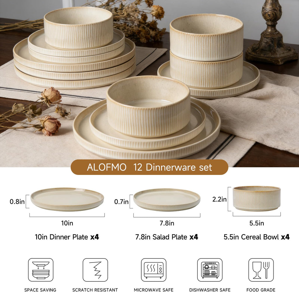 Stoneware Dinnerware Sets for 4, 12Pcs Ribbed Plates and Bowls Set, Beige
