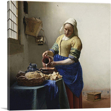 The Milkmaid 1660 Canvas Art Print Stretched Framed Painting Picture Poster Wall Decor by Johannes Vermeer - 36" x