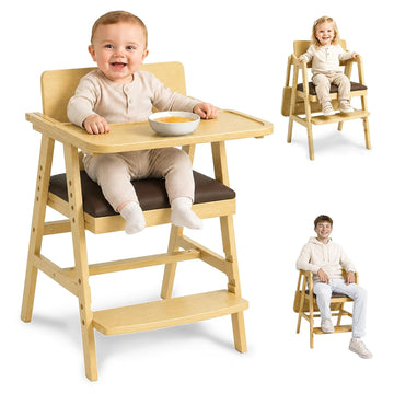 3-in-1 Wooden High Chair for Baby & Toddler with Adjustable Tray, Natural | Ergonomic Design, Built-in Foot Steps