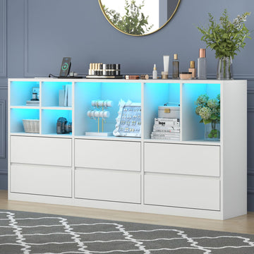 White 6 Drawers Dresser with 7 Storage Cubbies, LED Lights, Power Outlets