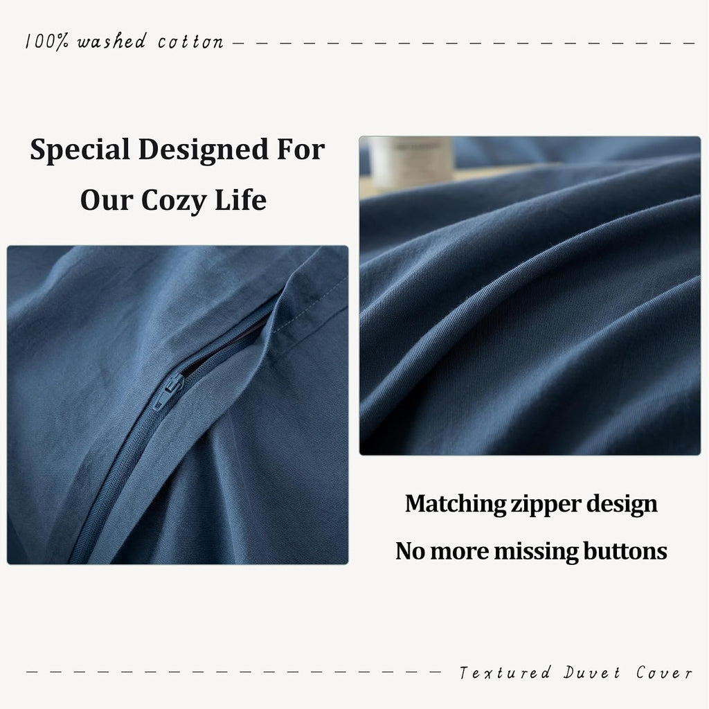 3 Pieces Gray Blue Duvet Cover Set Queen 90'' L 90'' W, 100% Washed Cotton Duvet Cover with Zipper Closure Plus 2