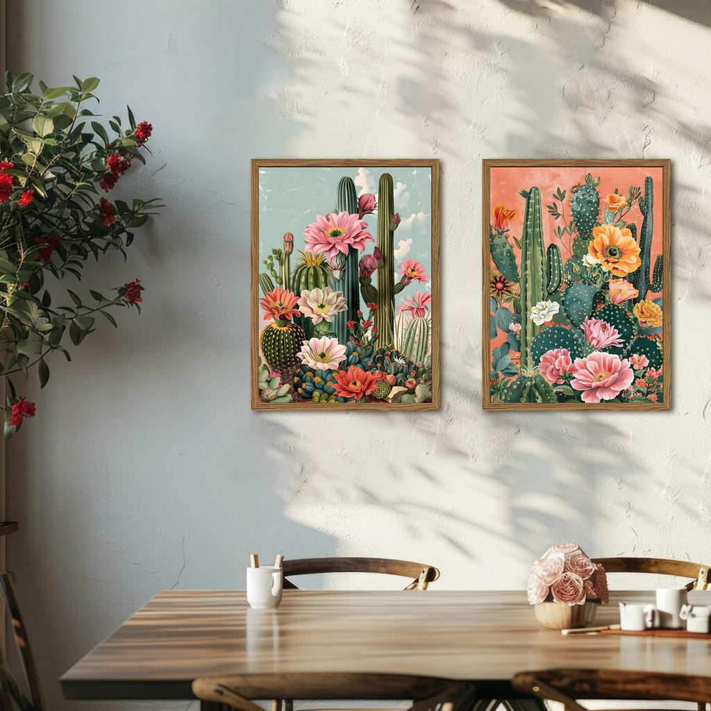 Framed Mexican Cactus Canvas Wall Art Set of 2, Vintage Desert Floral Wall Decor Paintings, Southwestern Boho