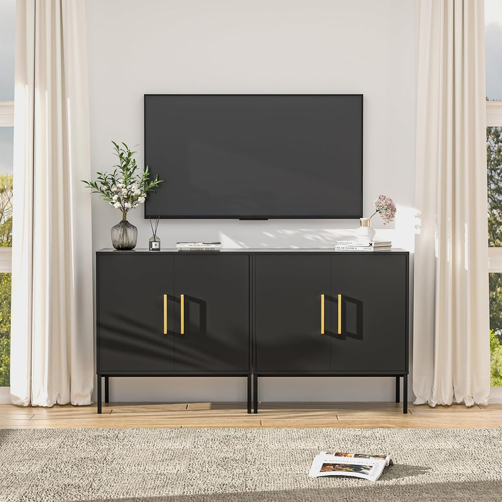 Set of 2 Storage Cabinets with Adjustable Shelf and Gold Handle, Black丨Buffet Cabinet with Storage, Accent Cabinet