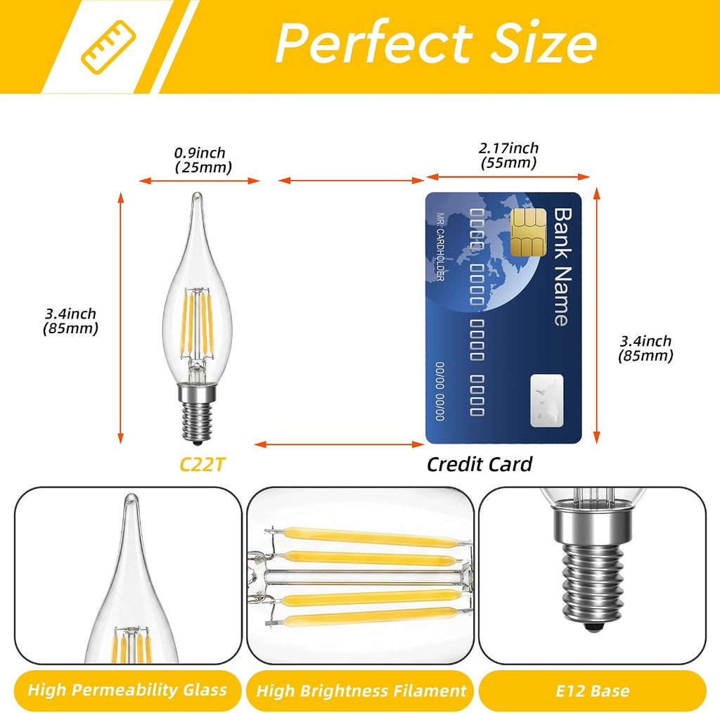 E12 25 Watt Candelabra LED Flame Light Bulbs,2W 2700K Warm White 200LM