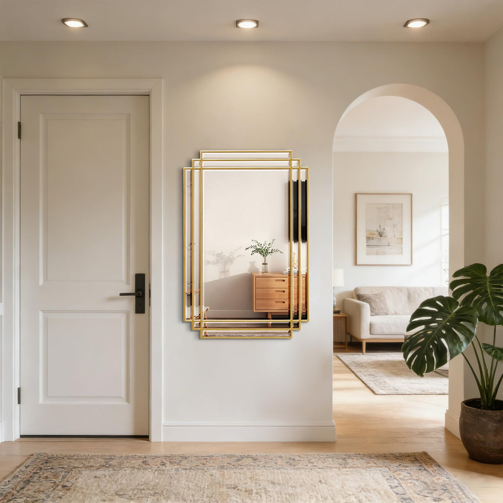 36"x24" Rectangle Beveled Wall Mirror with Gold Geometric Frame