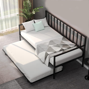Twin Daybed with Trundle, Metal Bed Frame with Trundle, Daybed & Trundle Frame Set with Wheels & Metal Slat Support